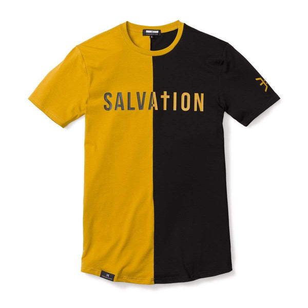 トップス salvation Y16AsymmetricDrapedTank Salvation Vertical Block Swoop Tee - Black and Gold (Long Body