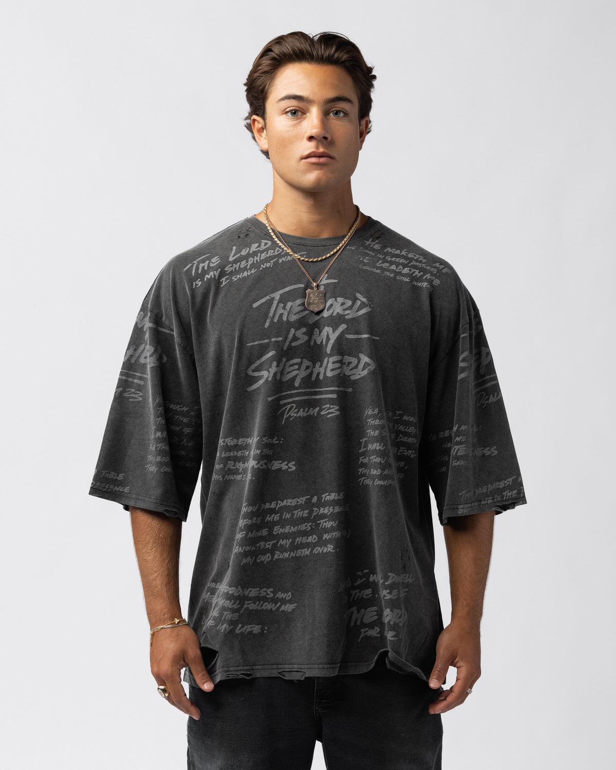 Psalm 23 Distressed Oversized Tee - Black