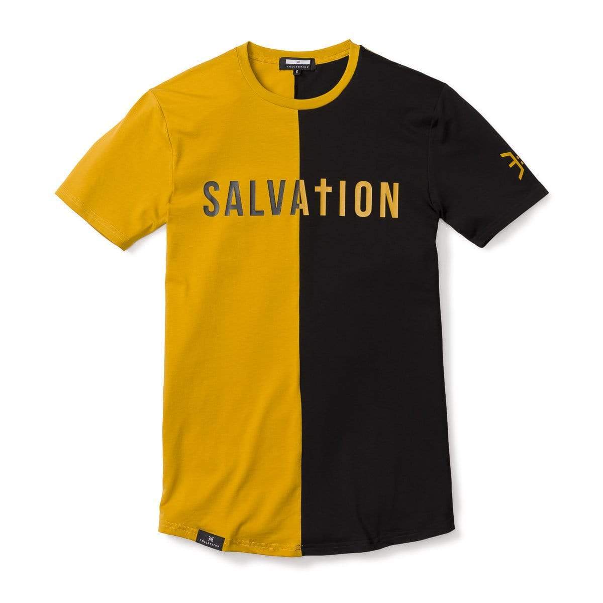 Salvation Vertical Block Swoop Tee - Black and Gold (Long Body)