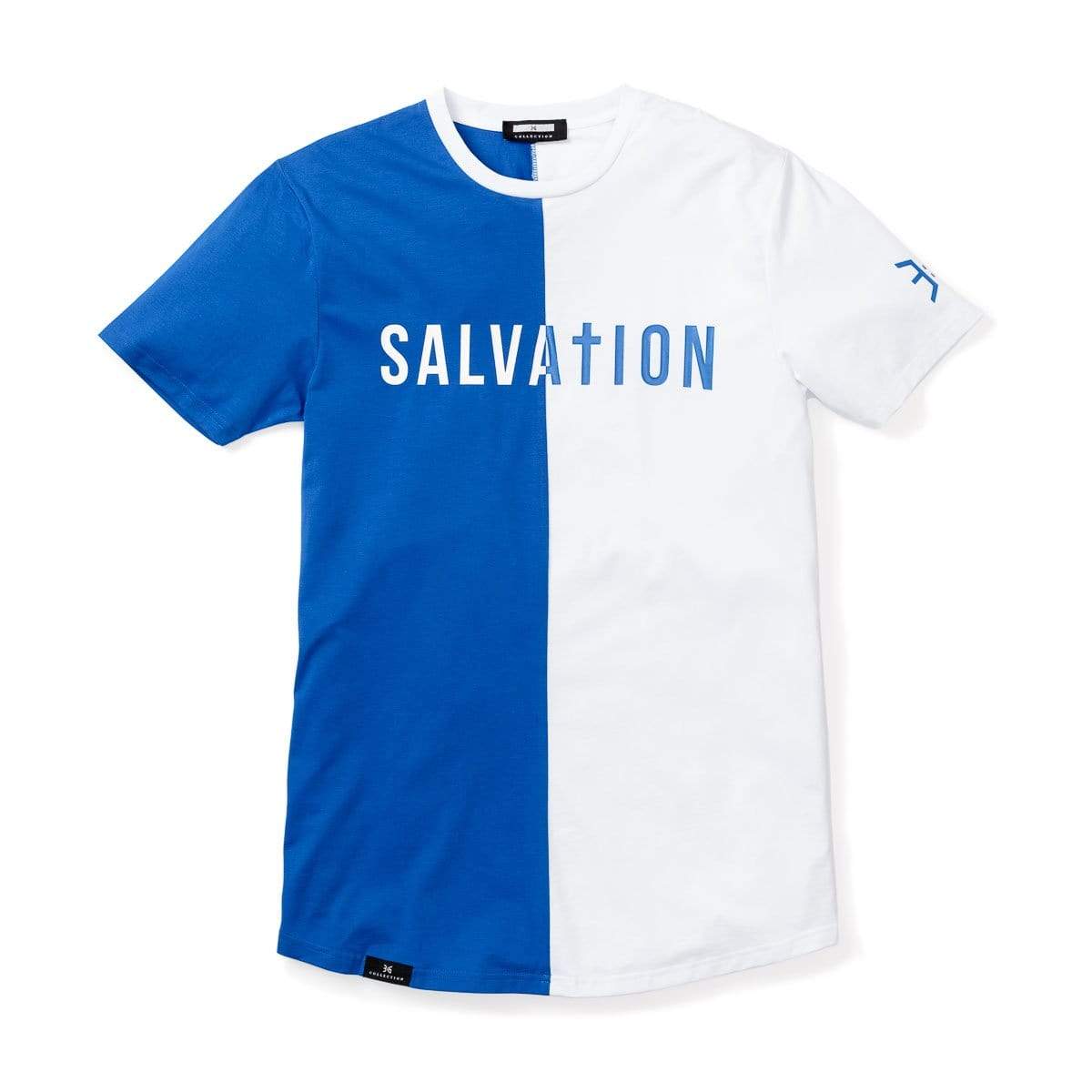 3:16 Collection T-Shirt XS Salvation Vertical Block Swoop Tee - Royal and White (Long Body)